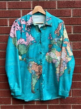 Vintage World Map Print Button Up Shirt Men's M Teal Petermann Cartography